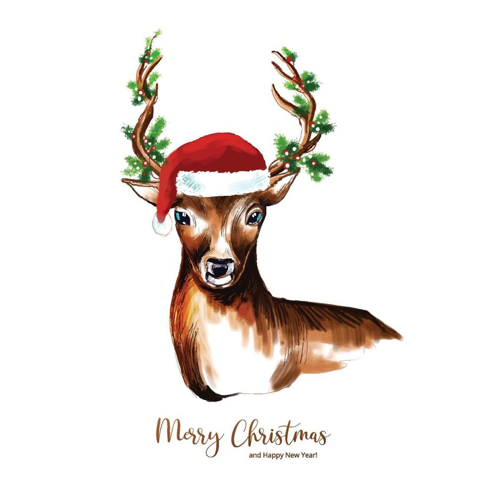 Cute deer for merry christmas celebration card on white background vector