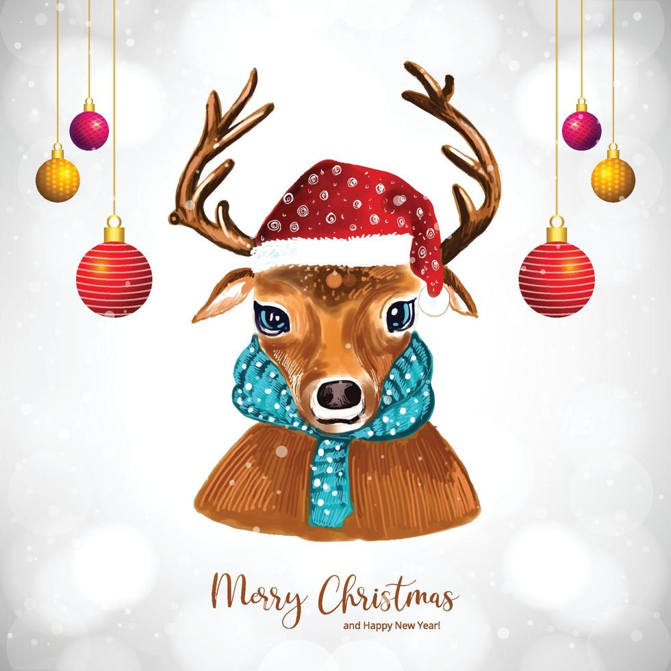 Cute deer for merry christmas celebration card on white background vector