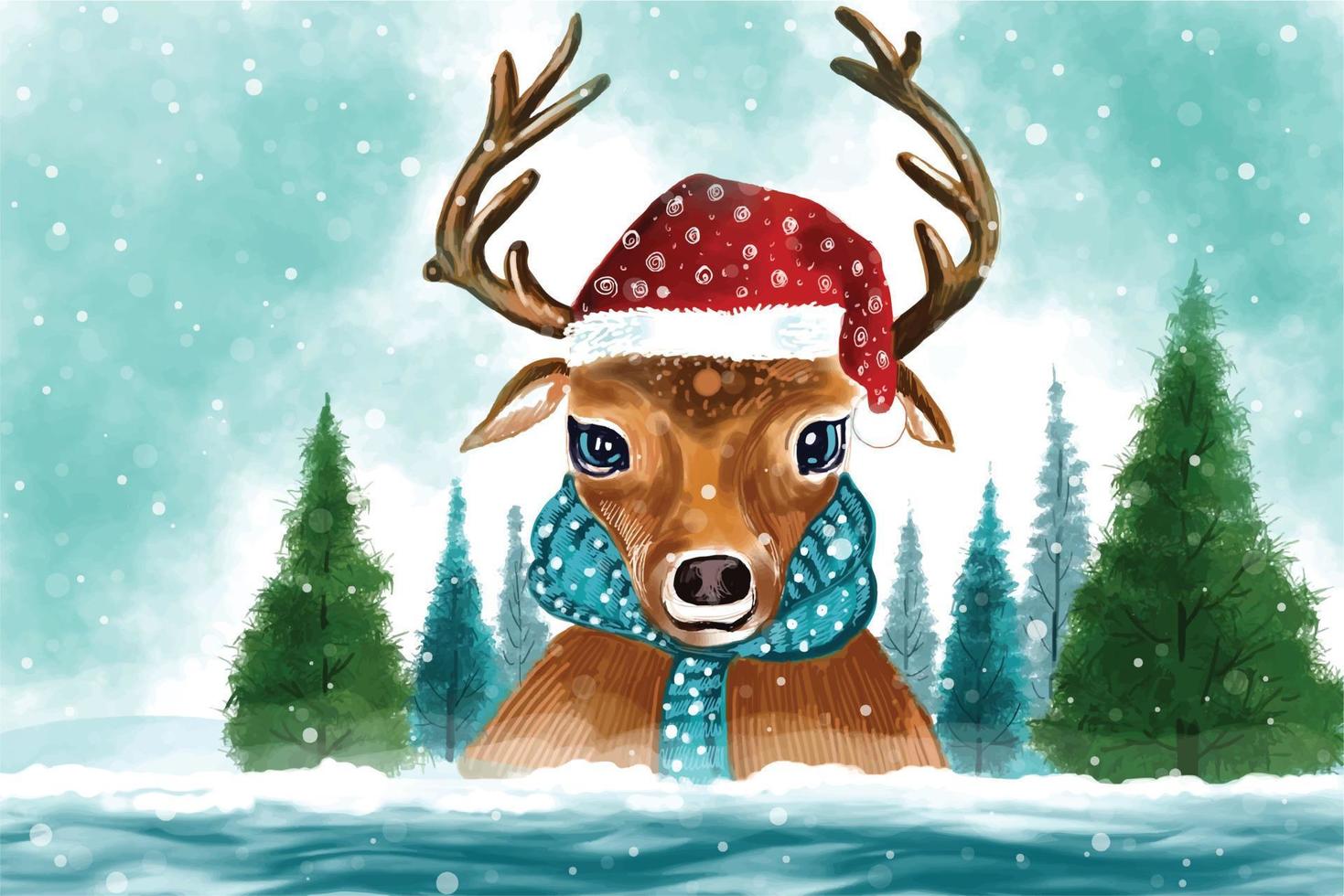 New year and christmas tree winter landscape background with deer card design vector