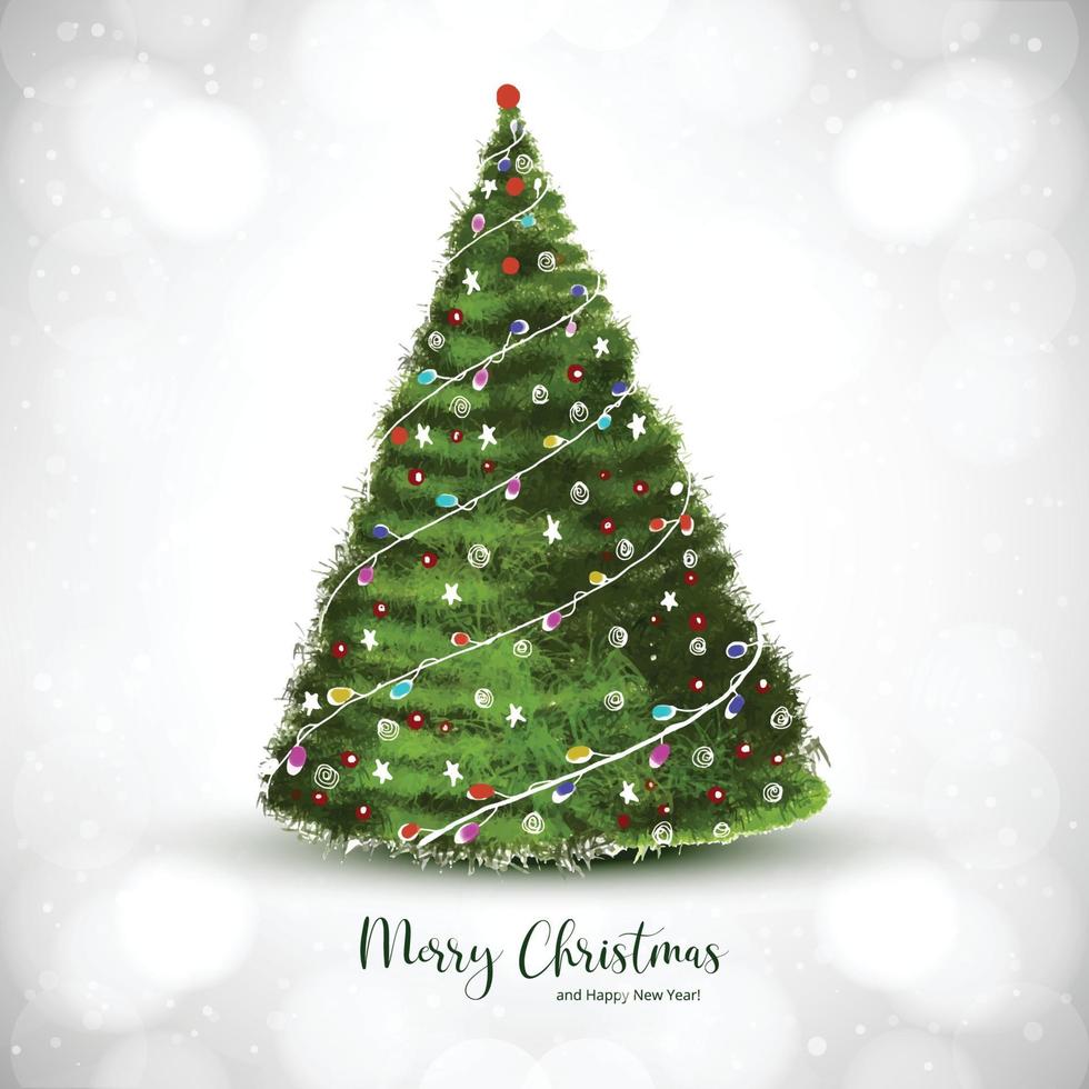 Hand draw green decorative christmas tree card on white background vector