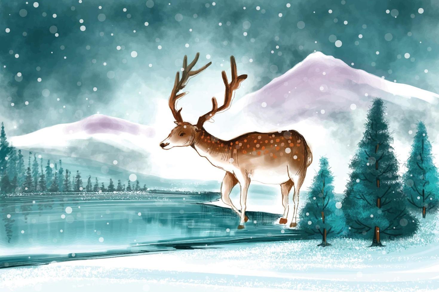 Beautiful christmas landscape in winter with christmas deer card background vector