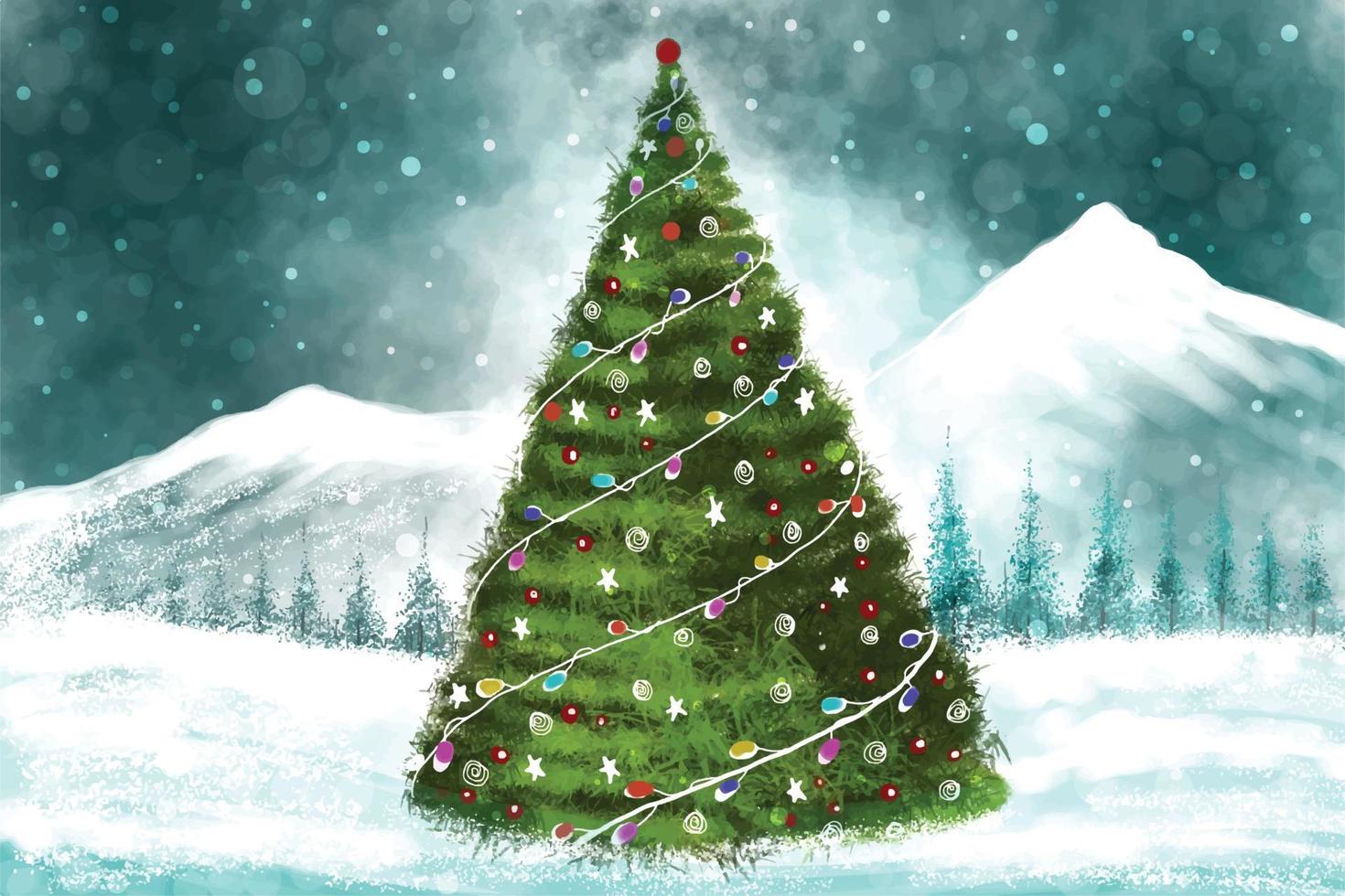 Impressive christmas trees in winter landscape with snow card background vector