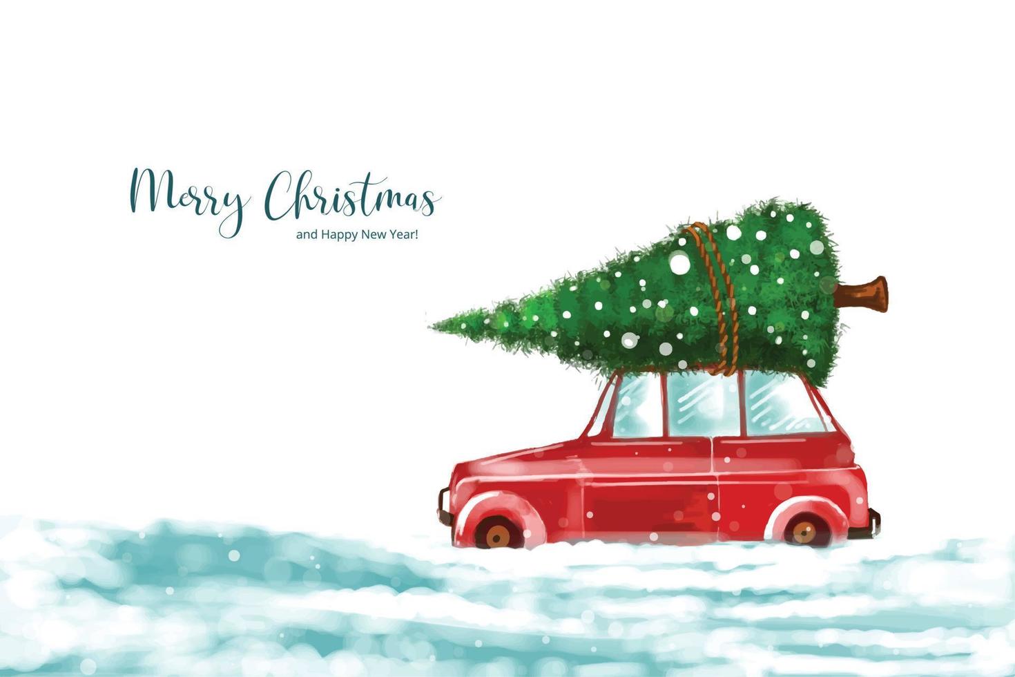 elegante paisaje invernal con coche en el fondo del árbol de navidad nevado vector