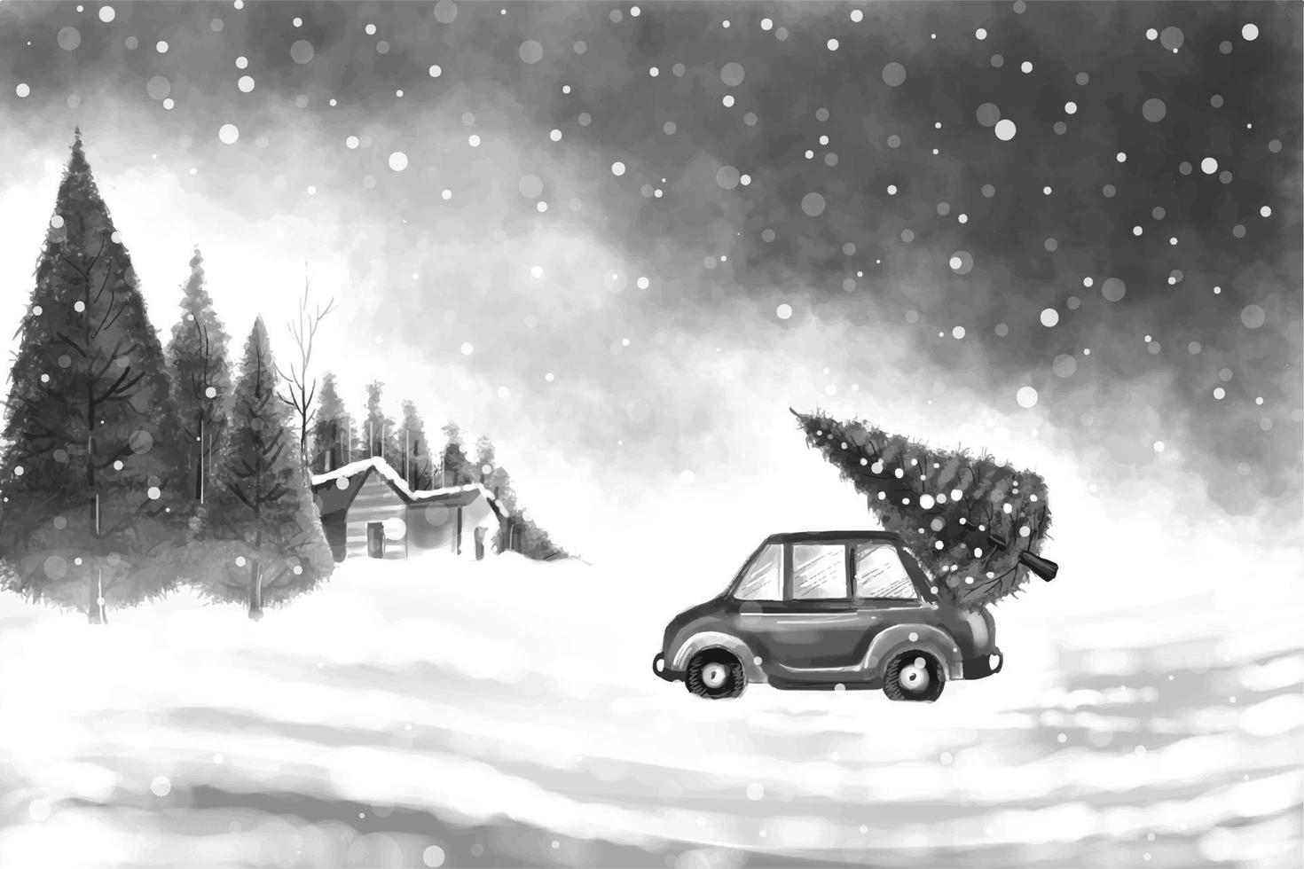 Beautiful winter landscape with car in snowy christmas tree gray background vector