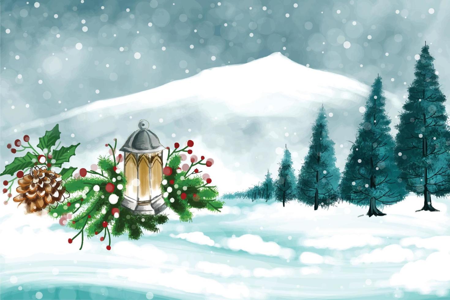 Winter landscape with falling christmas snow and tree holiday card background vector