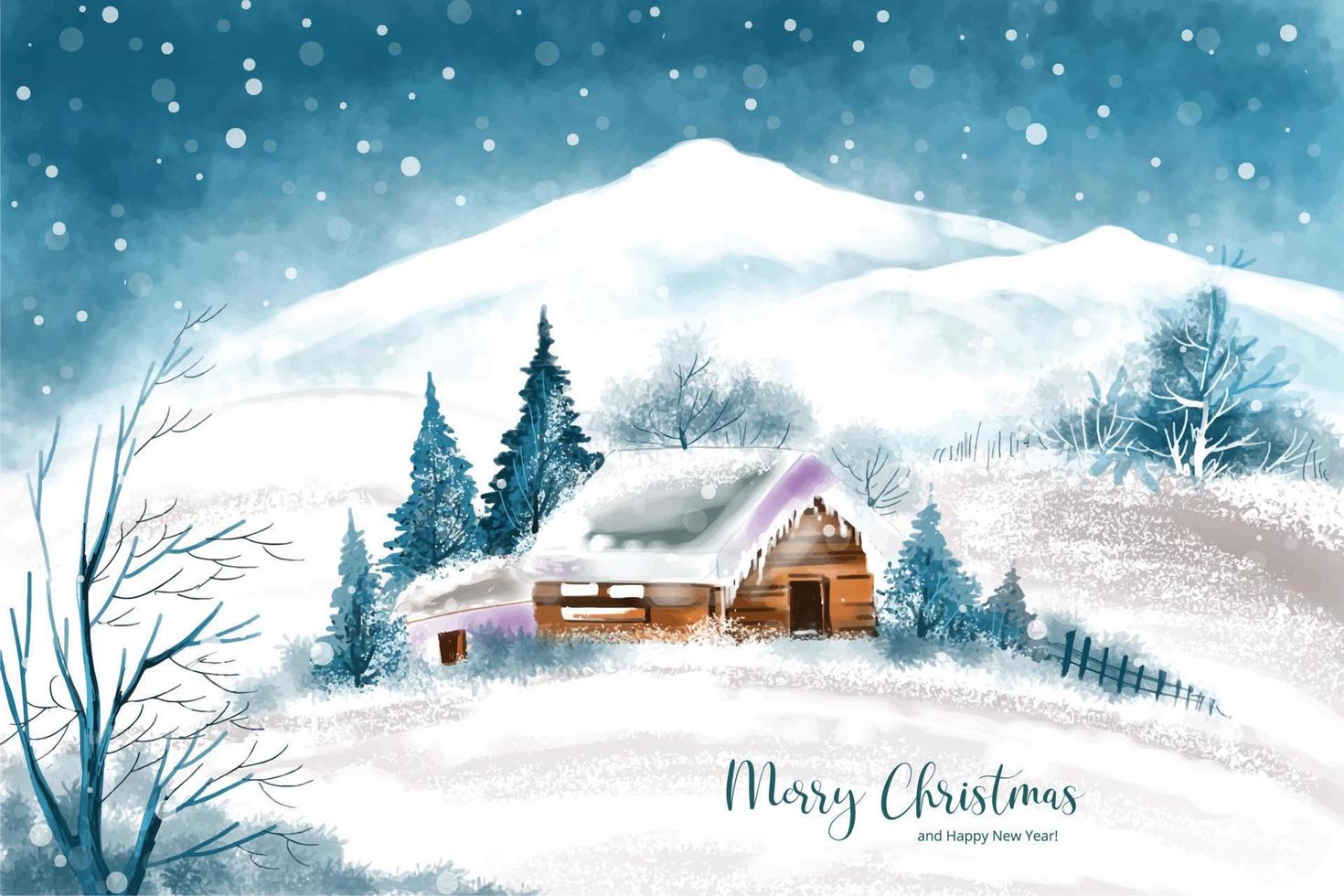 hermoso paisaje invernal con casa en el fondo de la tarjeta de navidad nevada vector