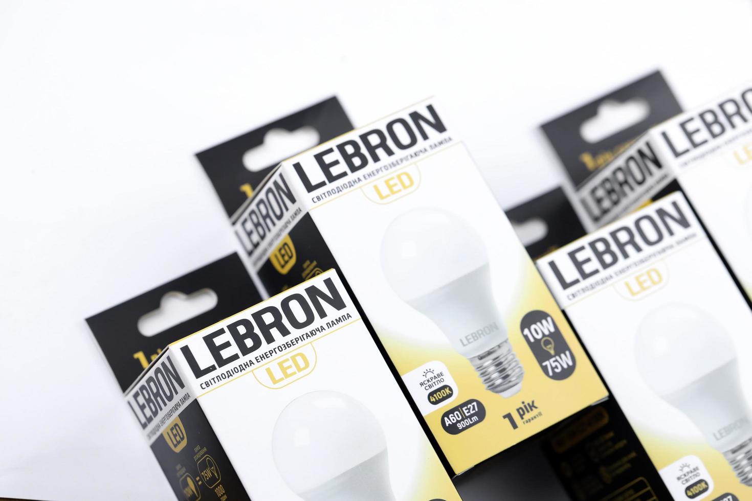 KHARKOV, UKRAINE - MAY 12, 2022 Many Lebron LED light bulbs. Lebron is chinese light equipment manufacturer photo