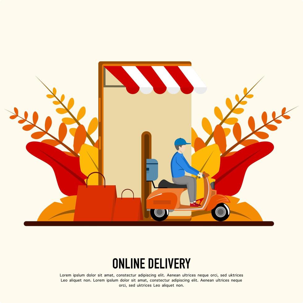 Concept of online delivery service, online order, home and office delivery, scooter and bicycle courier, delivery website, banner, background, app, poster, on mobile. vector