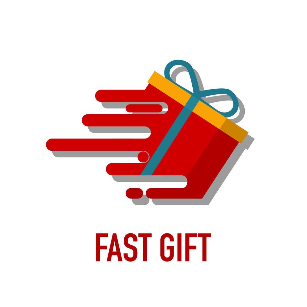 servicio rápido de entrega de regalos, caja de regalo roja con cinta amarilla en un icono plano en movimiento, que presenta una solución rápida, regalo de regalo rápido con concepto de diapositiva, ilustración vectorial. vector