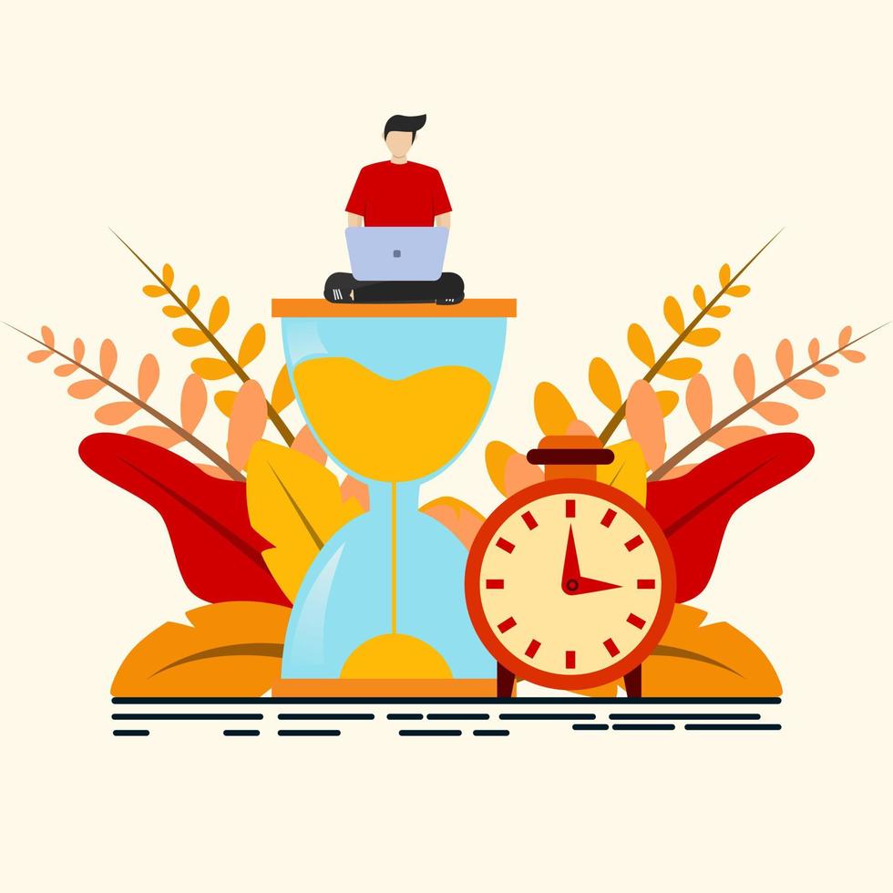 time management concept, male character working with laptop sitting on hourglass, time schedule, hour and hourglass, Time to work, deadline concept, planner, getting started, banner. vector
