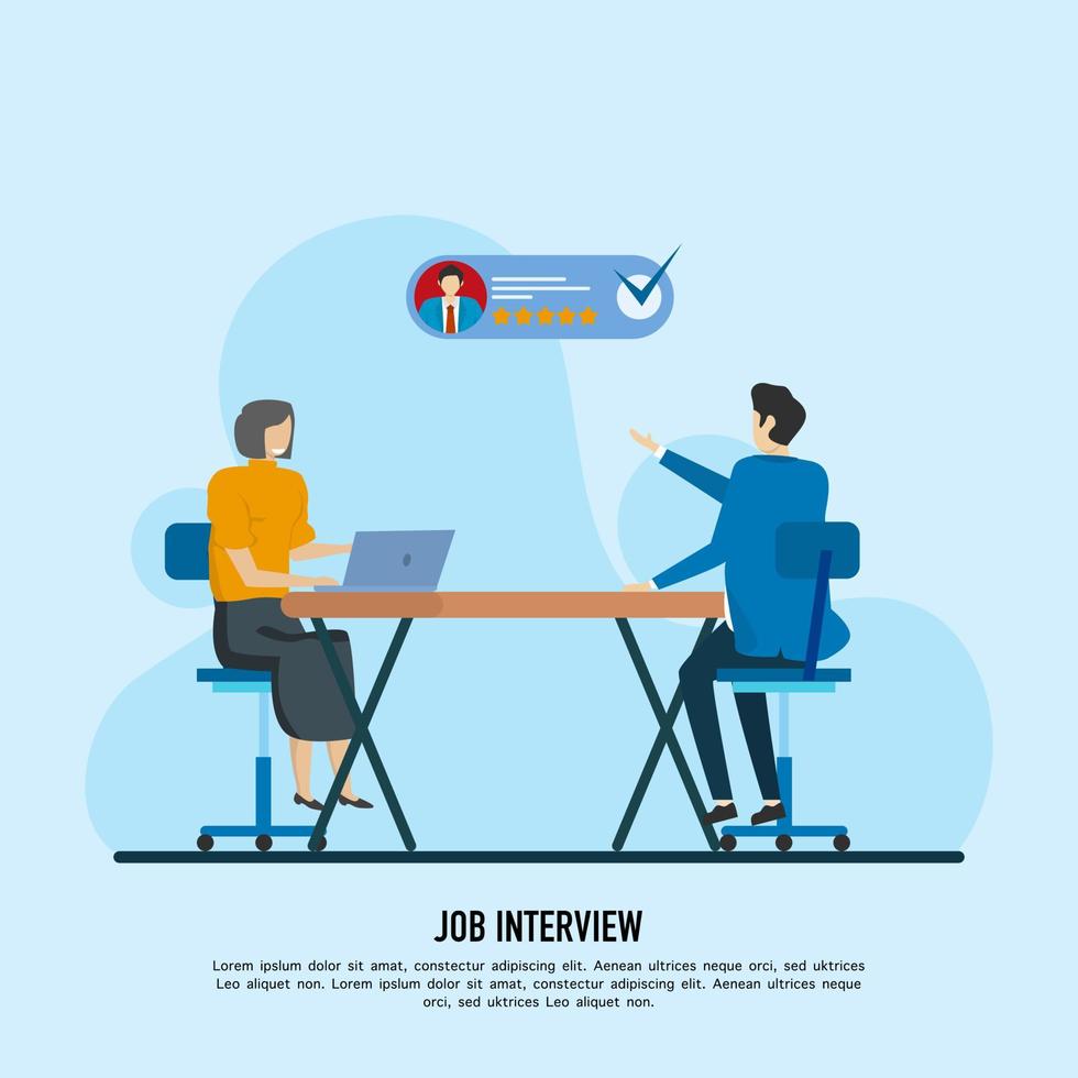 Job interview. man talking to a young woman with a laptop. Office interviews with job candidates. Recruitment, recruitment and conclusion of the employment contract concept. Vector illustration