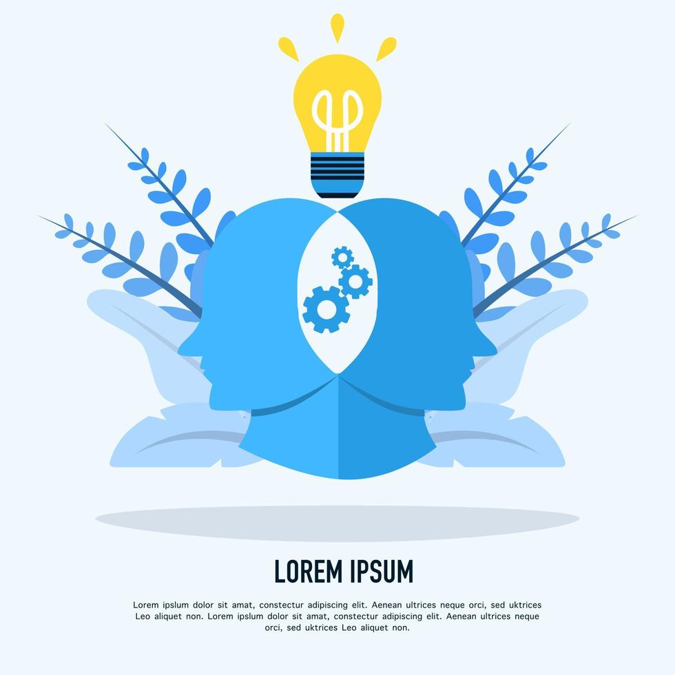 Human head and cog profile and idea lamp, to unite thoughts, generate ideas together, teamwork, Human head with light bulb and cog on vector