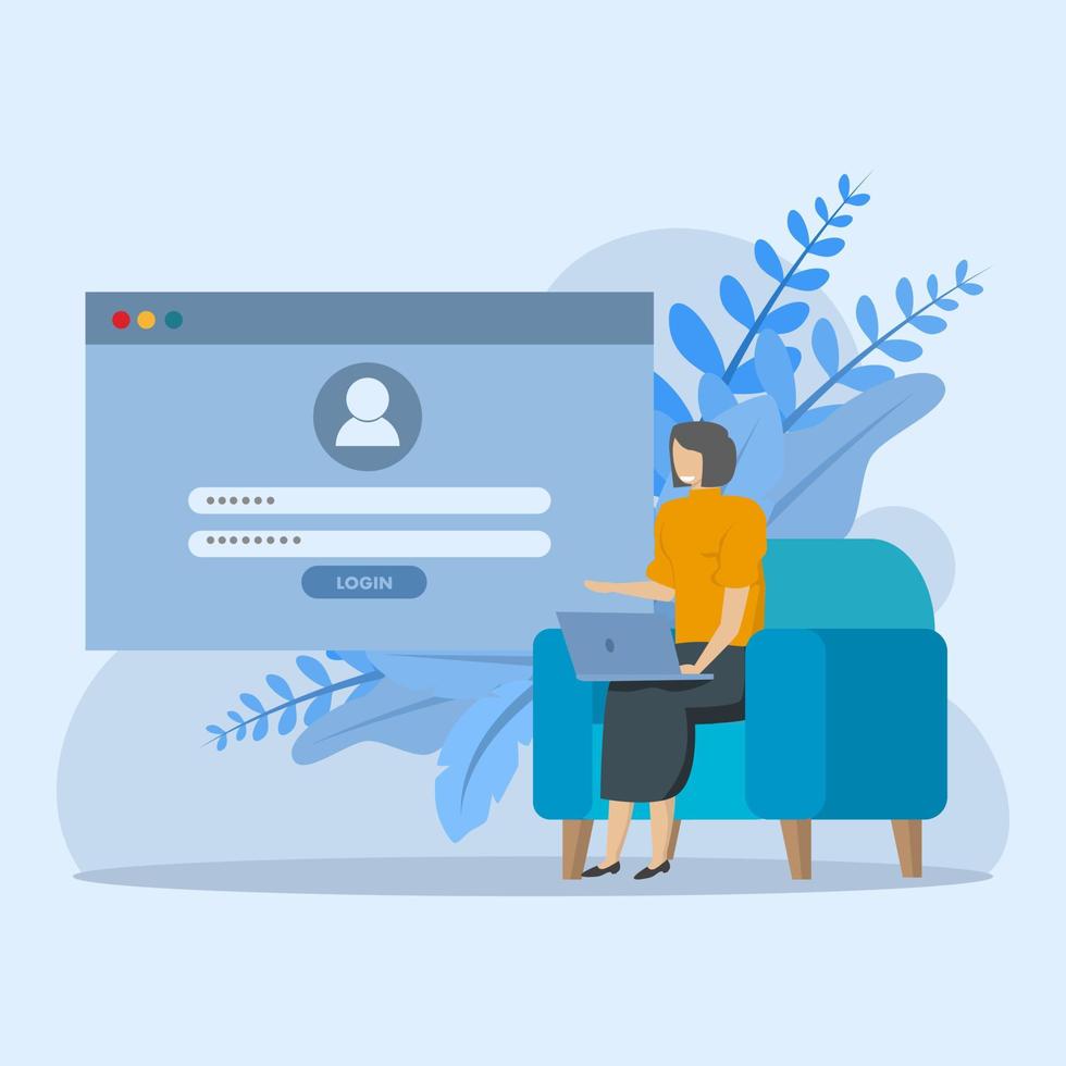 Online account registration and login concept. woman who registers or logs in to an online account with a user interface. Secure login and password. flat vector illustration