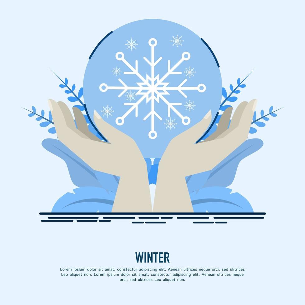 Two hands holding ice or snow ball. Cozy winter illustration. snowy background. Vector flat cartoon illustration. Digitally hand drawn.