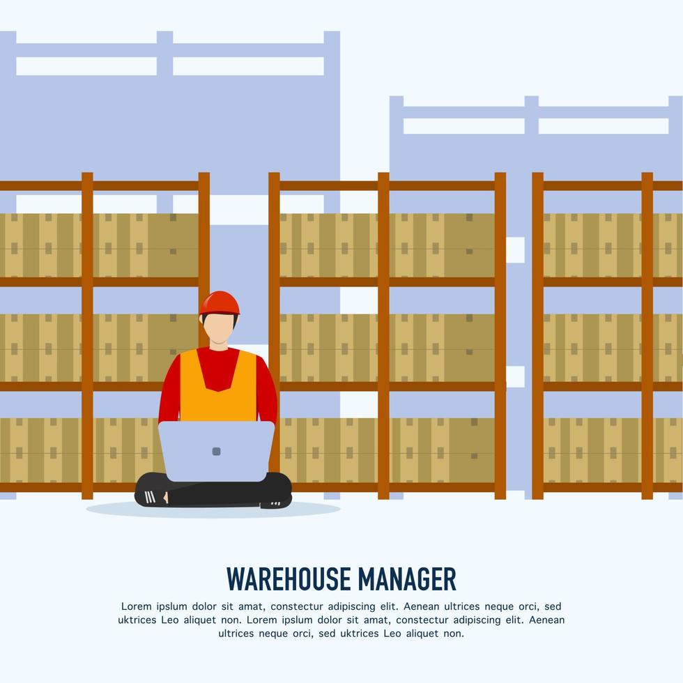 Sistema inteligente de gestión de almacenes. concepto de seguimiento de la gestión logística. hombre en el monitoreo del almacén con el nivel de inventario de la computadora portátil de los productos en los estantes. ilustración vectorial las compras en línea vector