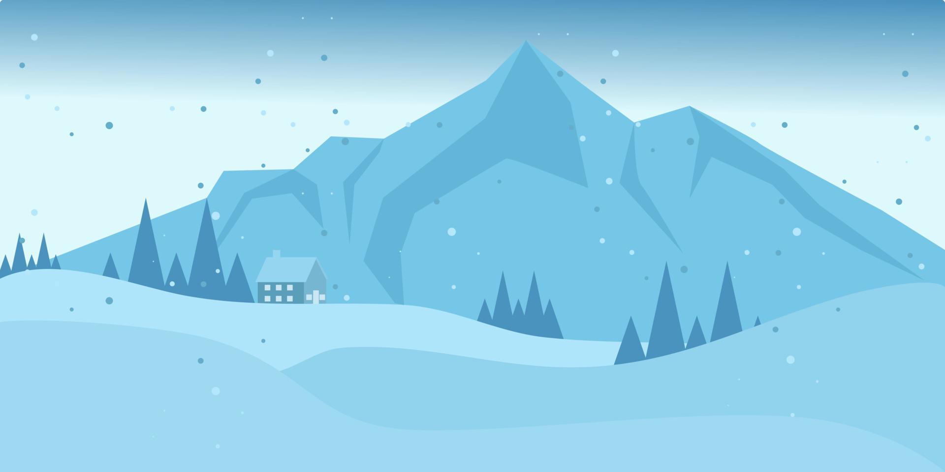 vista a la montaña de invierno con pinos y colinas. paisaje nevado de invierno. hermoso fondo de paisaje plano de invierno. paisaje invernal con montañas y nevadas. diseño plano. vector