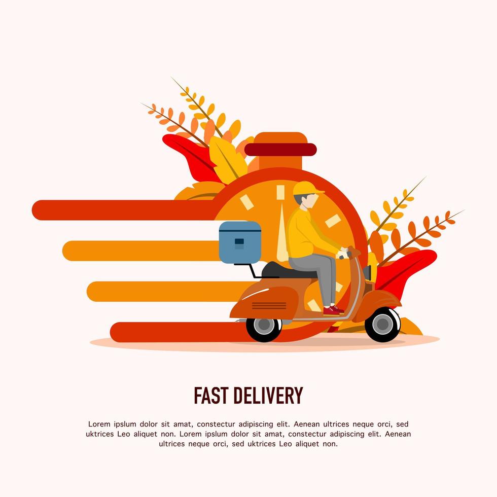 Concept of fast delivery service, online order, home and office delivery. Warehouses, scooters and bicycle couriers, delivery men use scooters to deliver packages. Vector illustration