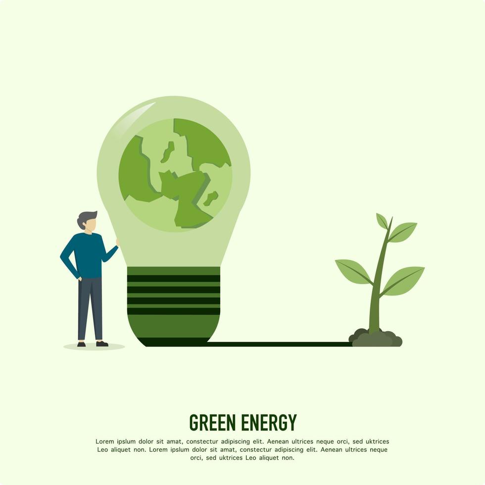 concepto de ilustración de vector de diseño plano para energía verde, personaje masculino usando árbol para encender la luz verde para energía verde. conceptos para banners web y materiales impresos