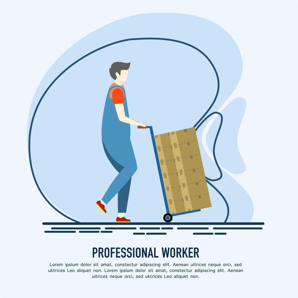 Warehouse workers transport carton boxes. Man carrying package in manual trolley with handle. Work in the warehouse. Flat vector illustration.