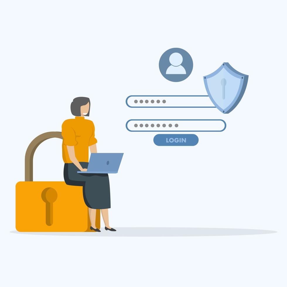 Account security system. woman using laptop with passcode screen and shield icon. Concept of Cyber Security and Personal Data Protection. Vector Illustration.