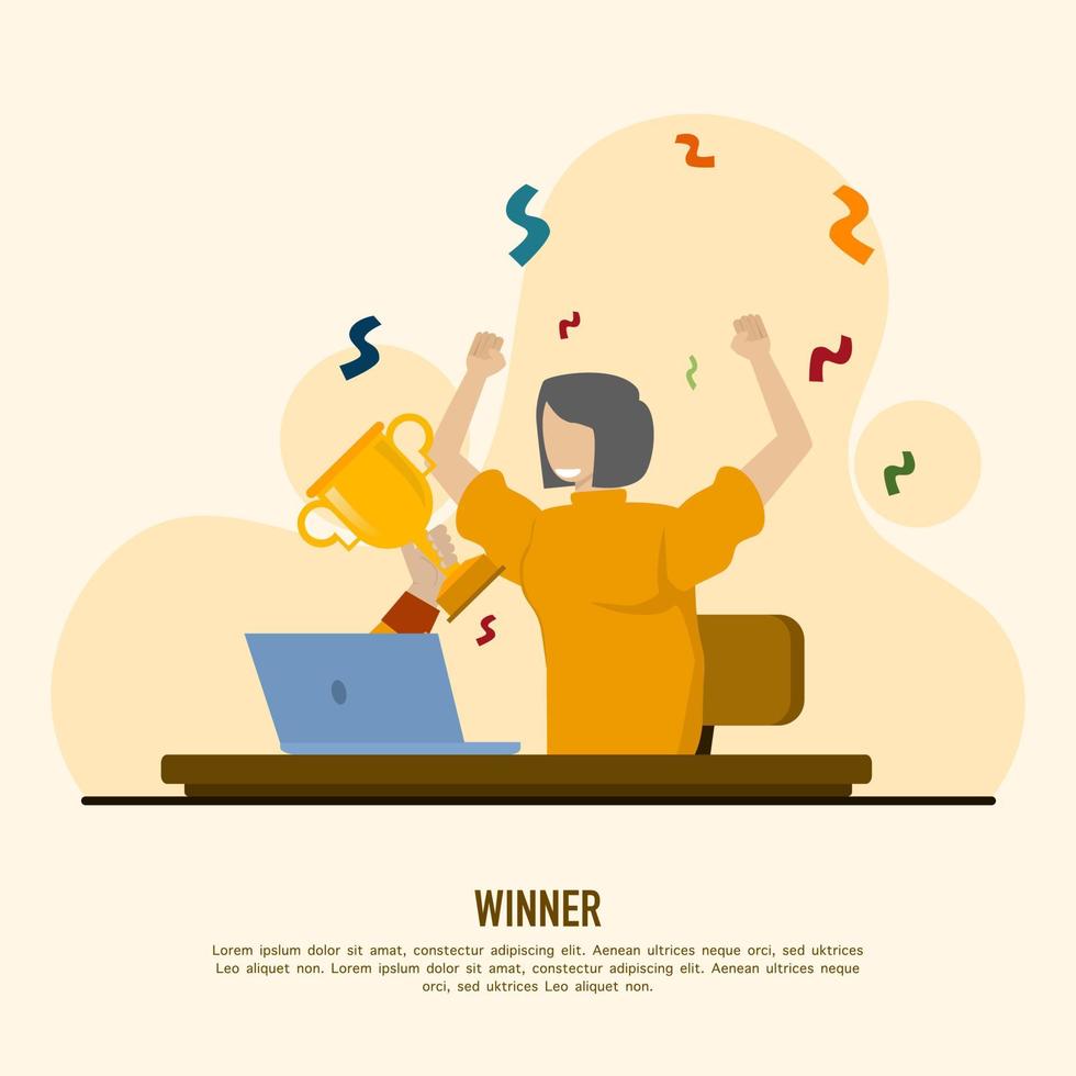 successful business woman gets a gold trophy. Competition win. Get gifts and celebrate. Partnership and hard work, success, rewards. Flat style vector illustration.