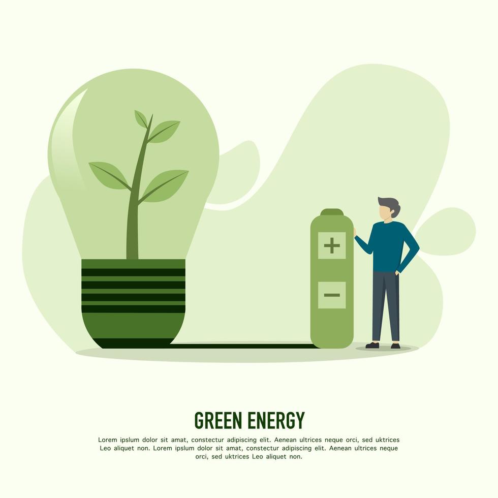 flat design vector illustration concept for green energy, male character holding green battery for green energy. Concepts for web banners and print materials