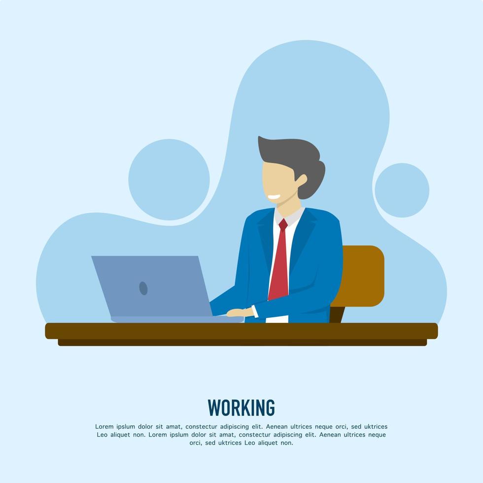 hombre de negocios feliz sentado frente a la computadora portátil. trabajadores de oficina o empleados de la empresa. trabajo en computadoras, análisis financiero. se puede utilizar para banners de sitios web, infografías, diapositivas de presentación, etc. vector