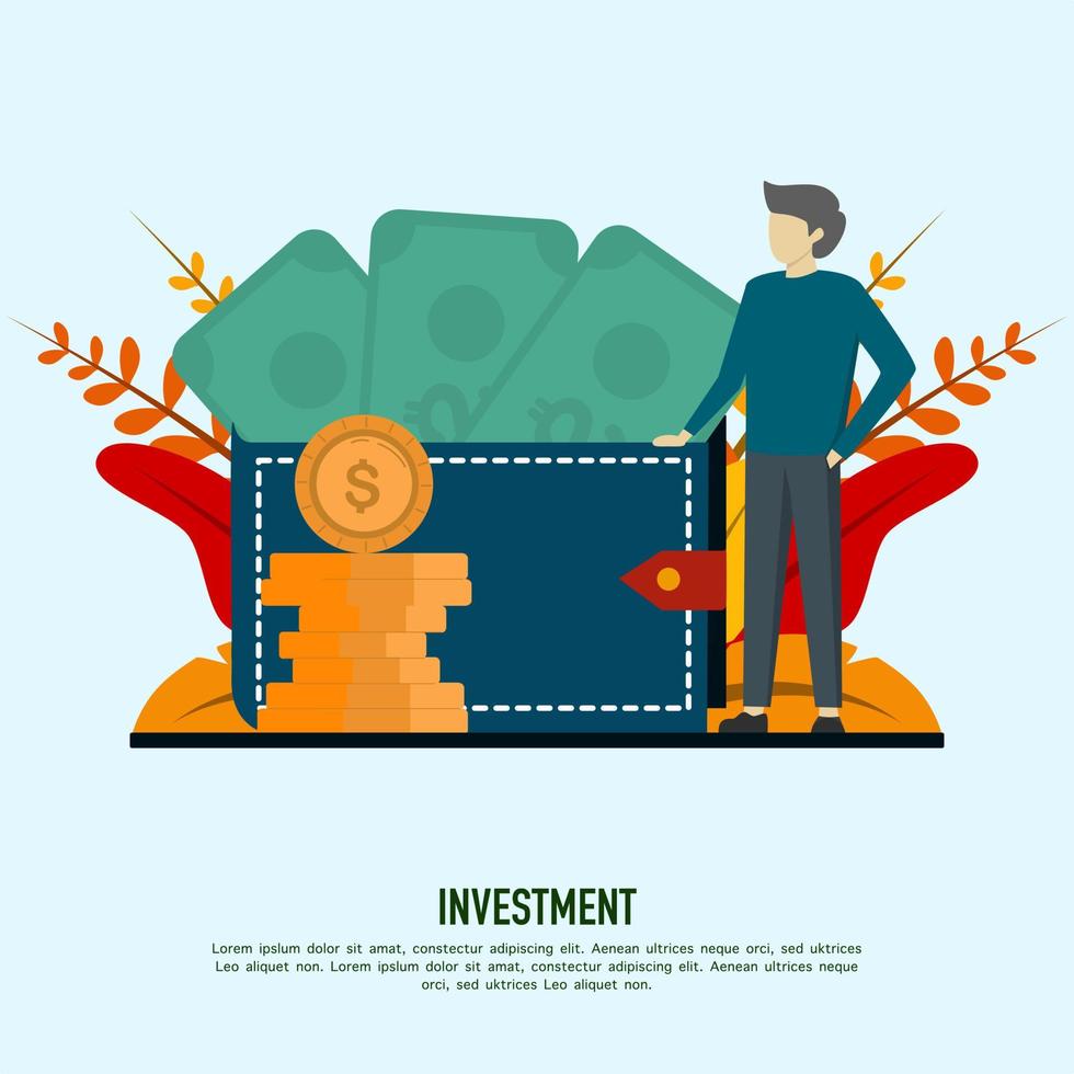 Positive businessman with coins and big dollar bills. Earning, saving and investing money concept. Increase Capital and Profits. Wealth and Savings with Character. vector