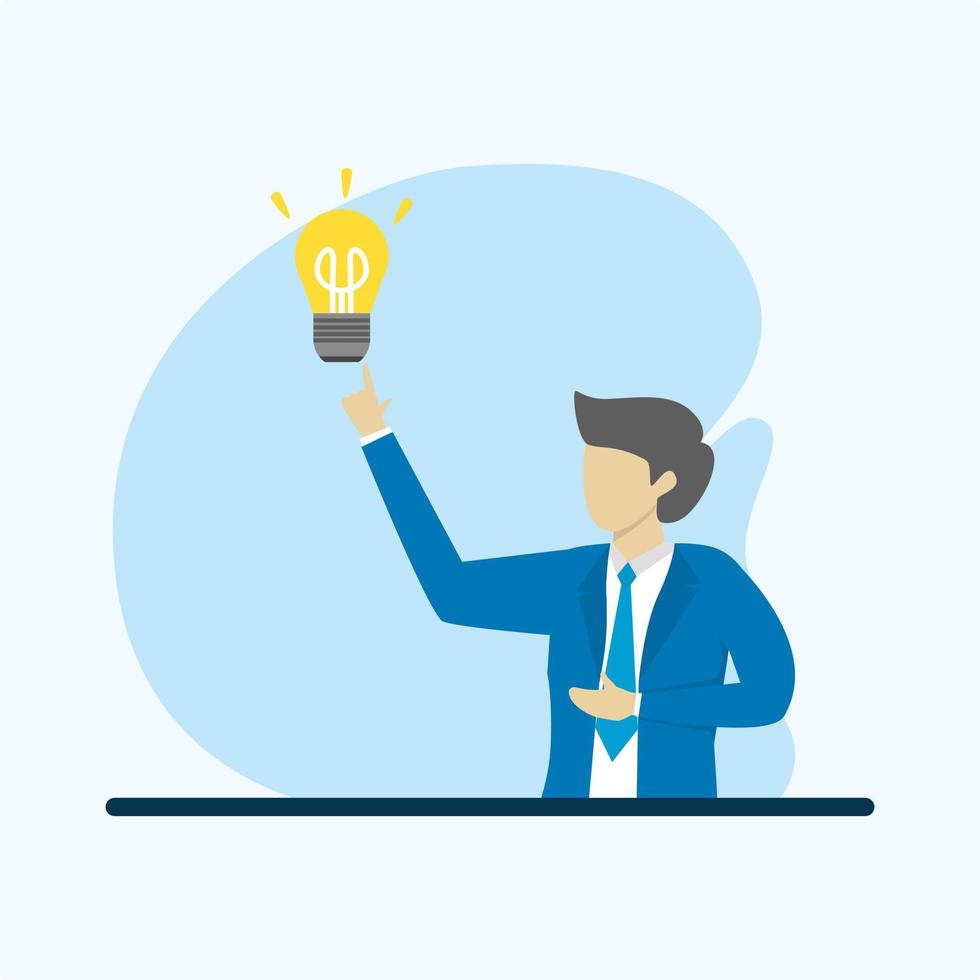 idea concept. businessman comes up with an idea, cartoon character has an idea to start, sells a startup idea, flat style vector illustration.