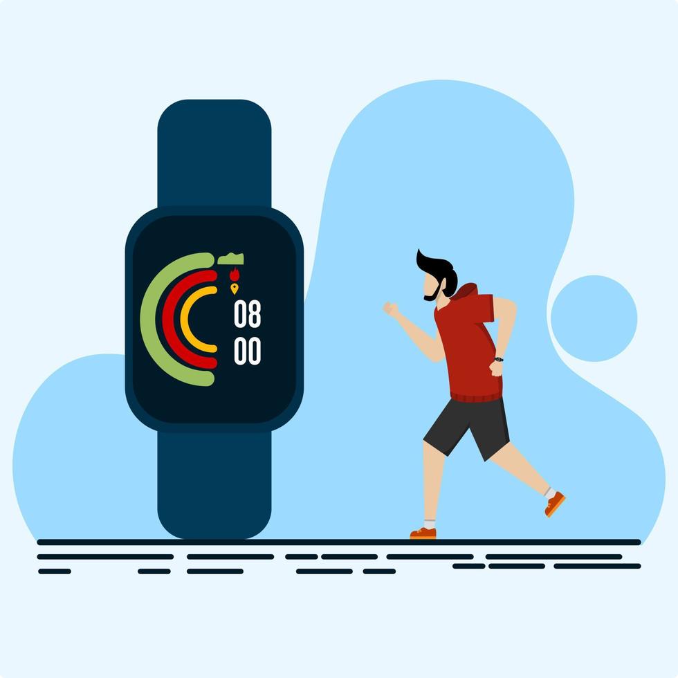 Man running outdoors and using smart watch and fitness app, sensors monitor his workout. vector