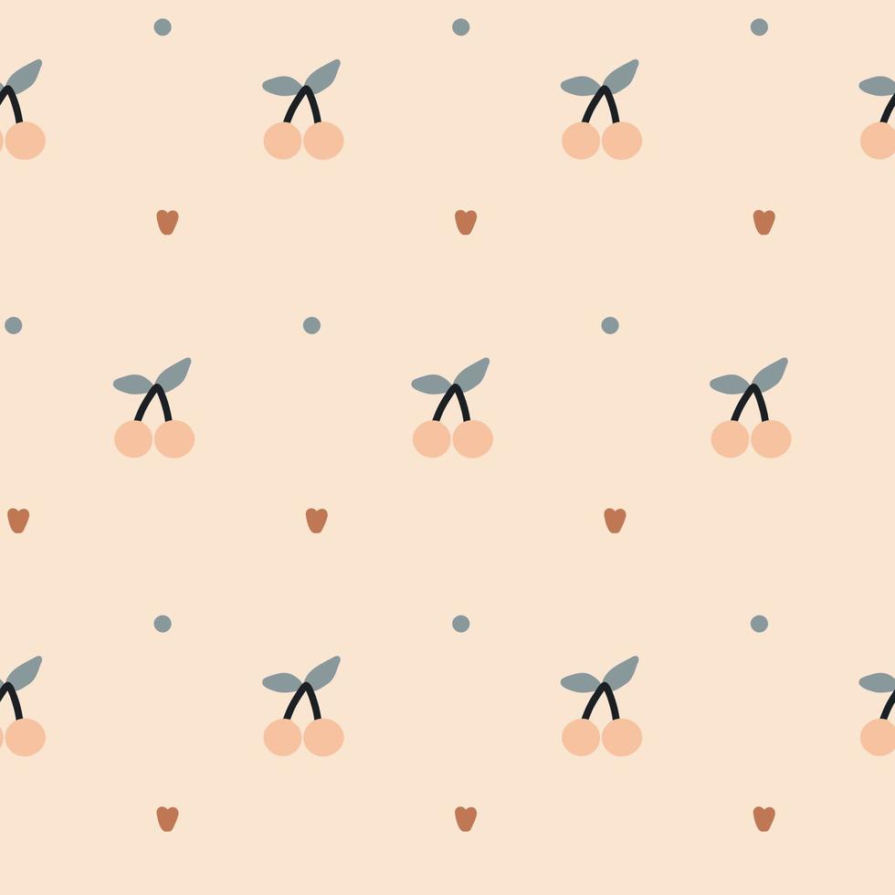 Boho modern minimalist pattern newborn cherry hearts dots. Baby Shower Scandinavian pastel wallpaper. Textile fabric design for kids. Flat bohemian vector neutral background paper
