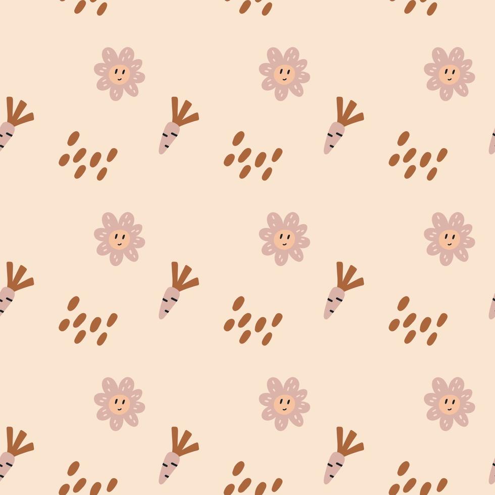 Boho modern minimalist pattern newborn carrot flower. Baby Shower Scandinavian pastel wallpaper. Textile fabric design for kids. Flat bohemian vector neutral background paper