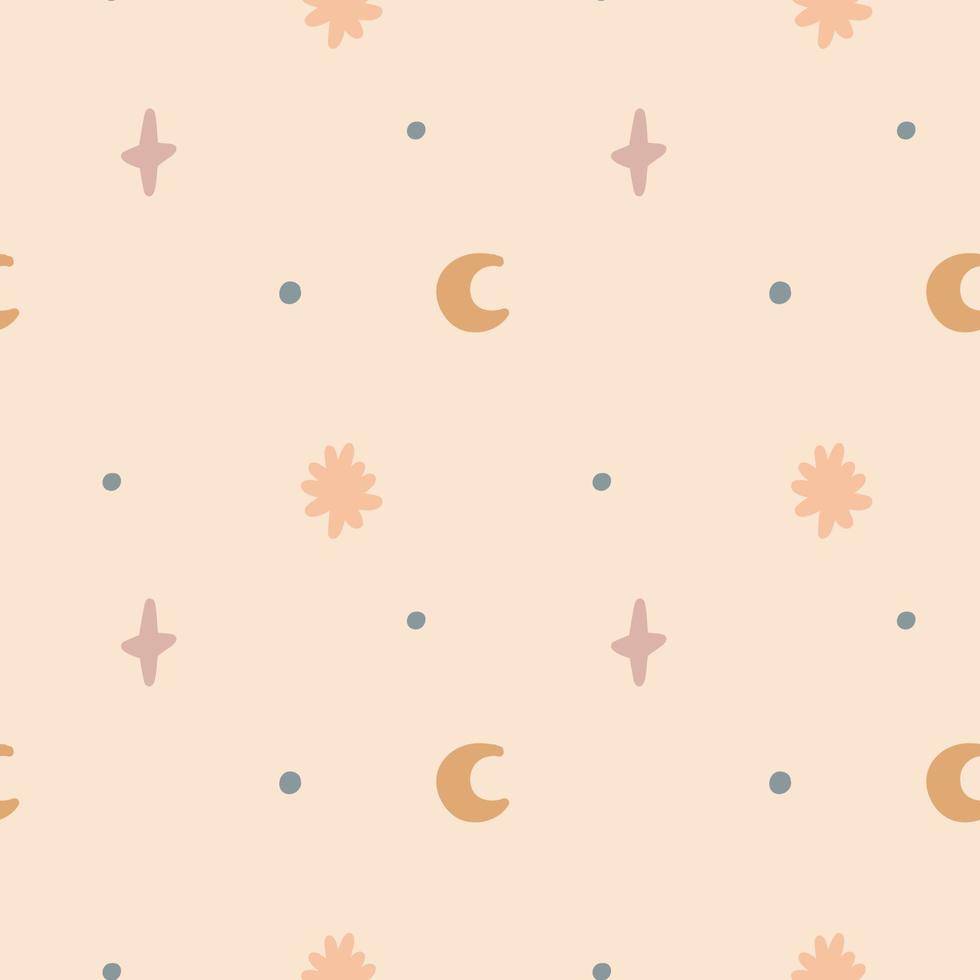 Naive pastel pattern moon star dot. Baby Shower Scandinavian pastel wallpaper. Textile fabric design for kids. Flat bohemian vector neutral background paper