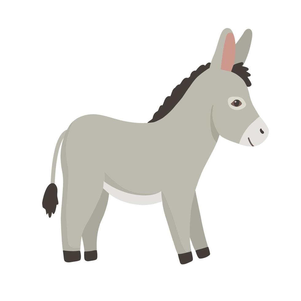 lindo personaje de burro aislado sobre fondo blanco. ilustración plana vectorial infantil con animales de granja para niños vector