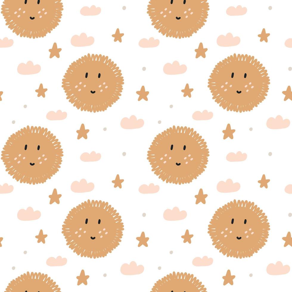 Naive boho pattern sun star cloud. Baby Shower Scandinavian pastel wallpaper. Textile fabric design for kids. Flat bohemian vector neutral background paper