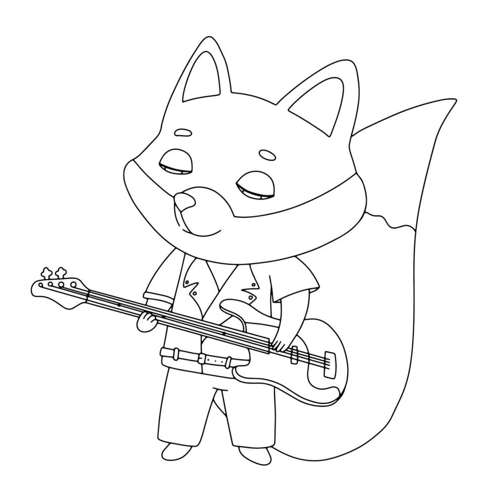 cool fox con chaqueta y jeans toca el bajo. oso animal en gorra aislado en blanco. ilustración de contorno vectorial para colorear libro vector