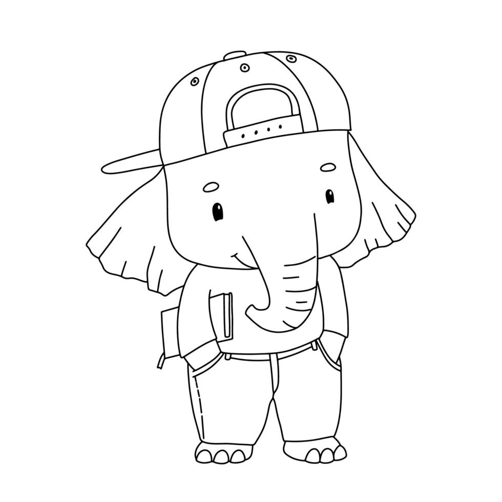 Cute little elephant with book. Funny outline kid animal isolated on white background. Cool teen character for coloring book vector