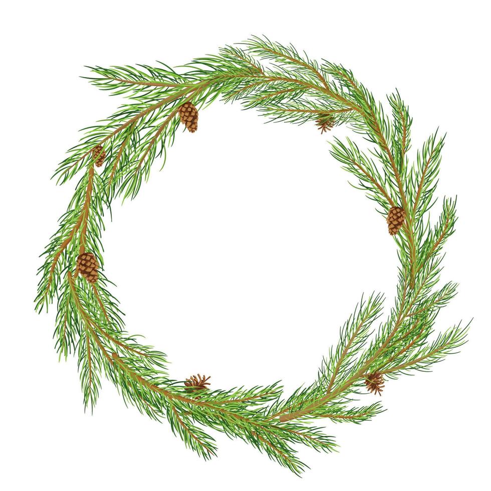 New year and Christmas fir wreath. Traditional winter garland with evergreen green branches and pine cones isolated on white background. vector