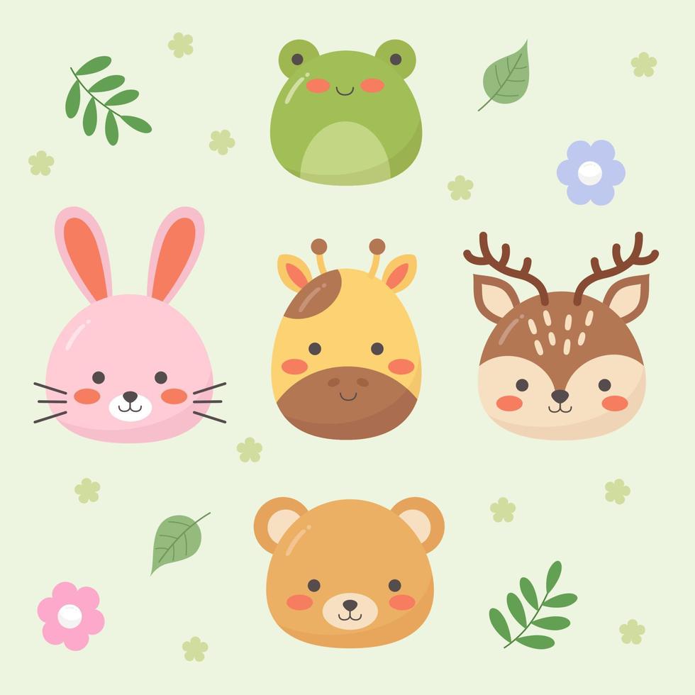 Cartoon face animals and leaf set. vector