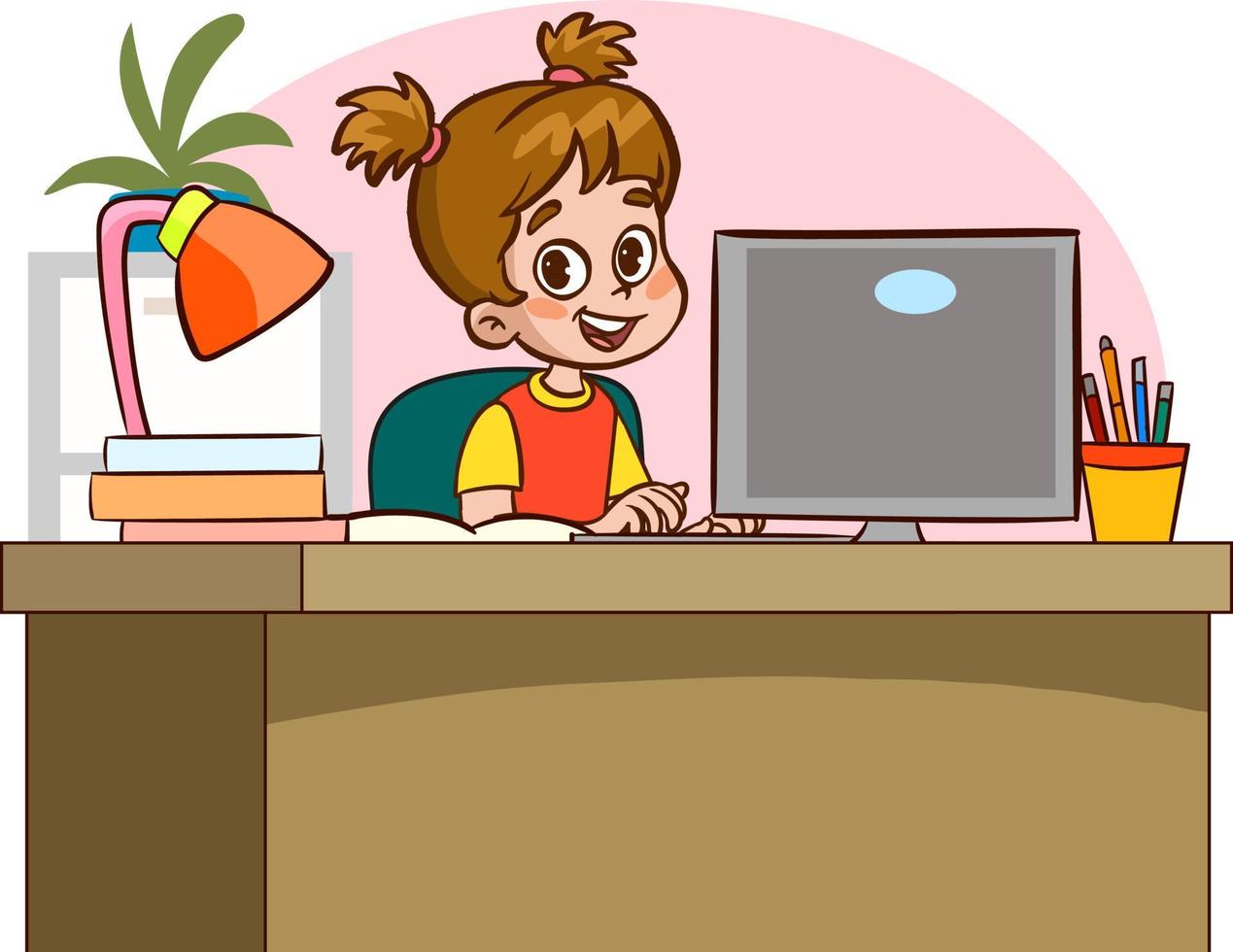 happy cute children studying on computer at table vector