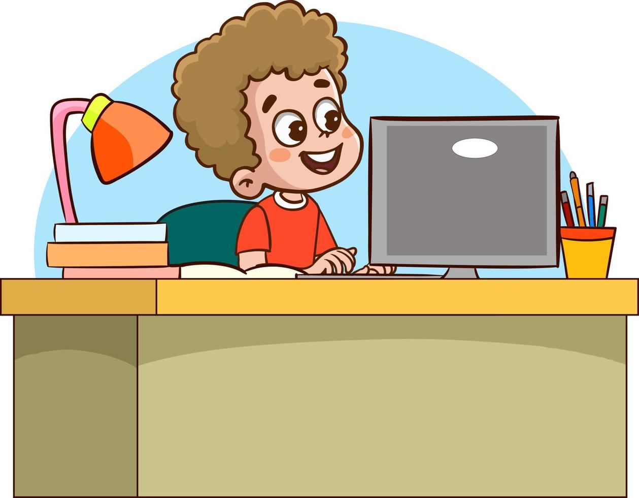 happy cute children studying on computer at table vector