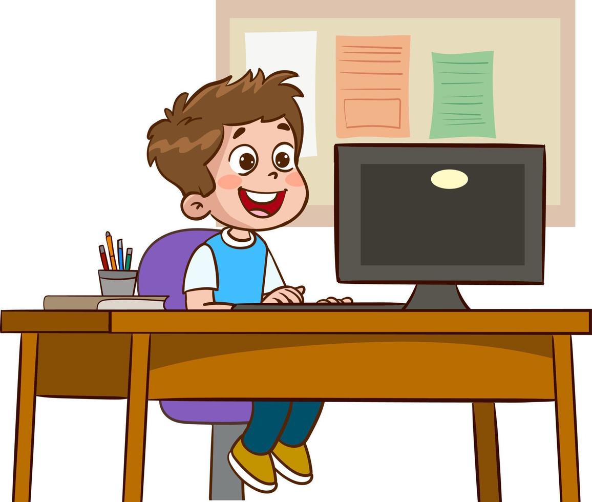 happy cute children studying on computer at table vector