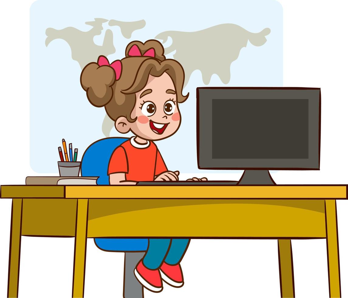 happy cute children studying on computer at table vector