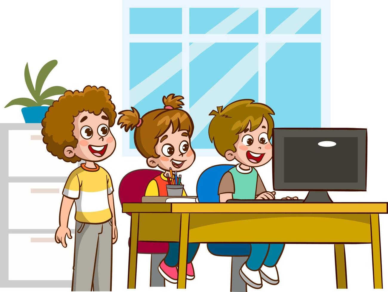 niños lindos felices estudiando en la computadora en la mesa vector