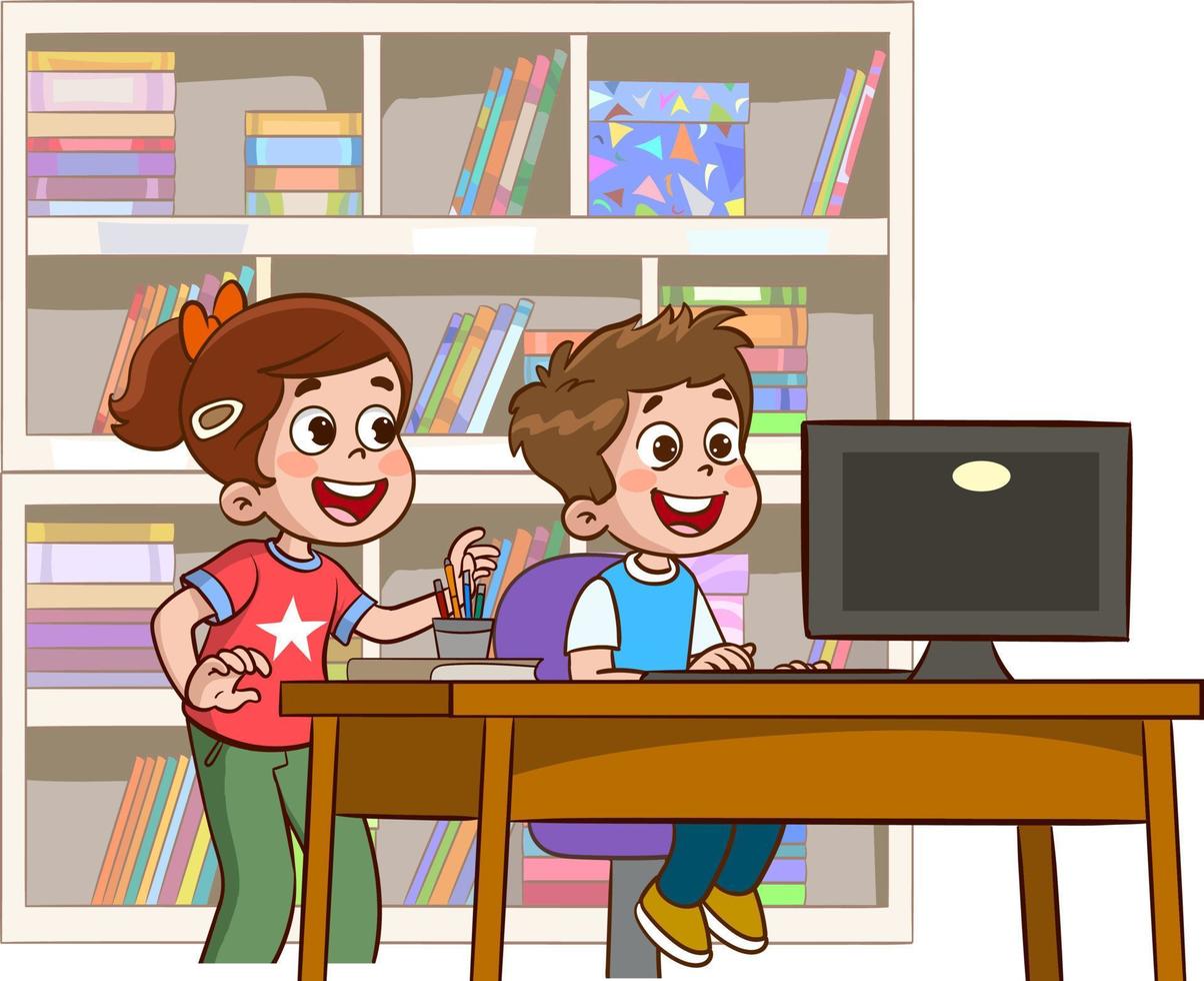 niños lindos felices estudiando en la computadora en la mesa vector