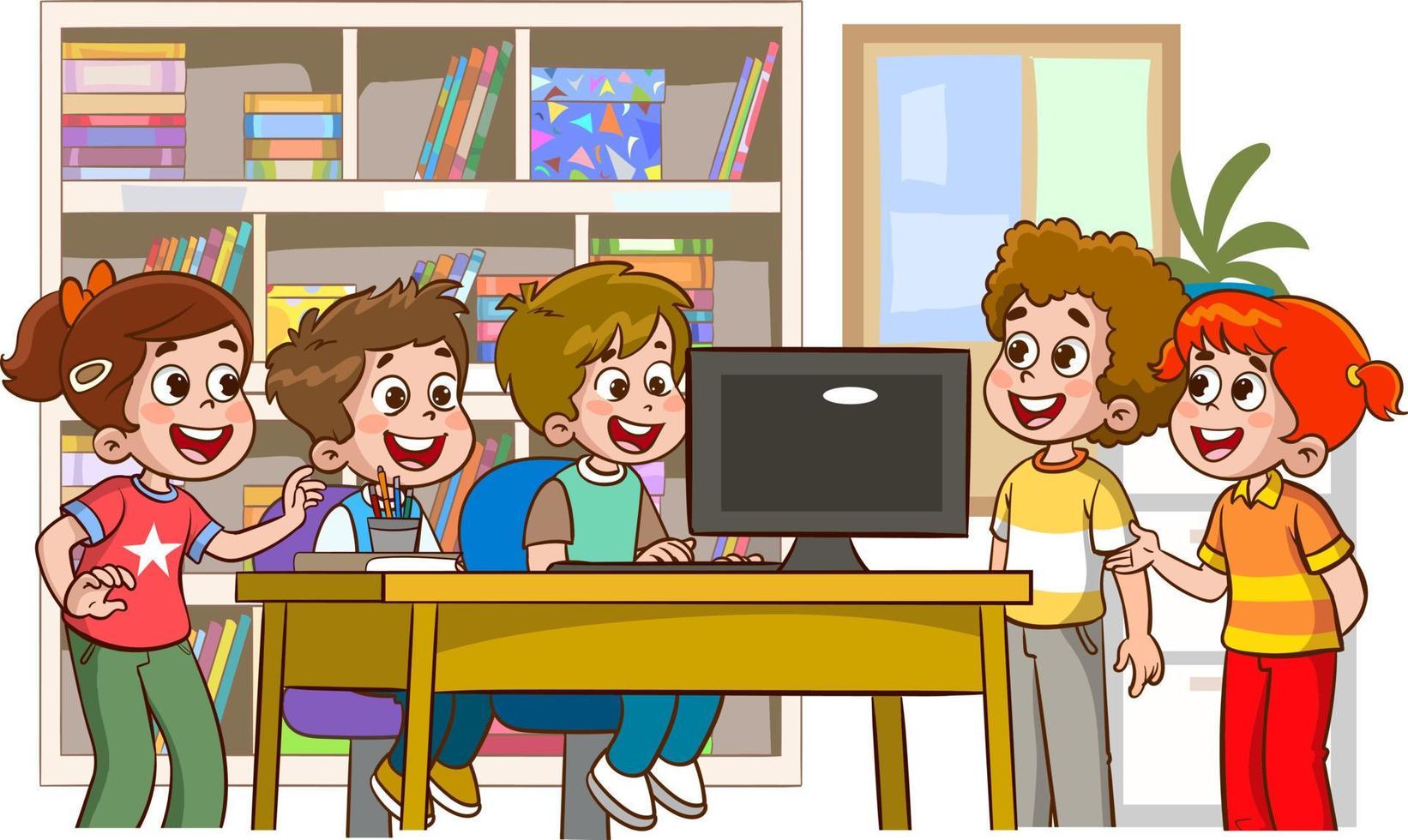 niños lindos felices estudiando en la computadora en la mesa vector