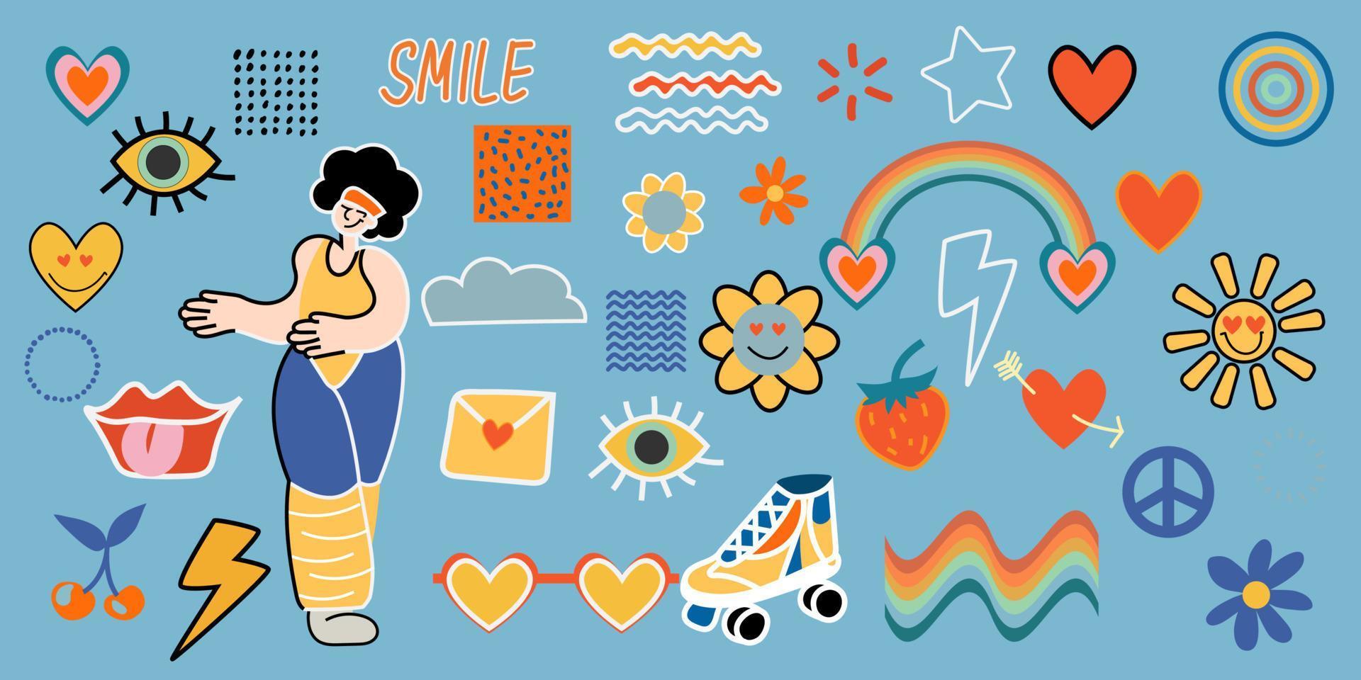 Groovy hippie 70s set. Funny cartoon woman, rainbow, peace, heart, love, daisy, rainbow and etc. Sticker pack in trendy retro psychedelic cartoon style. Isolated vector illustration.