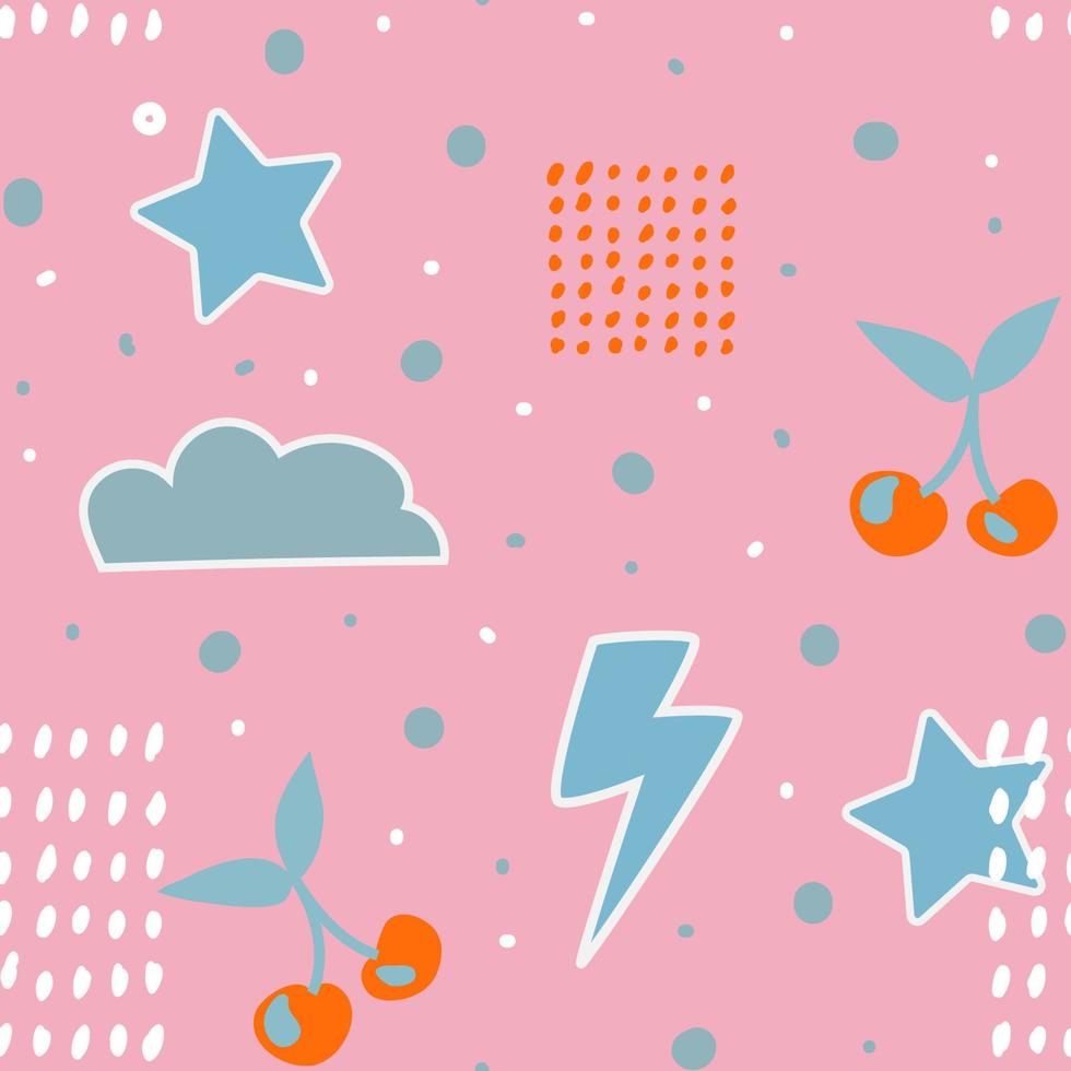 Groovy seamless patterns with cherry, lightning, clouds and dots. Vector backgrounds in trendy retro trippy style. Hippie 60s, 70s style. Design for fashion , fabric, textile, wallpaper, cover.