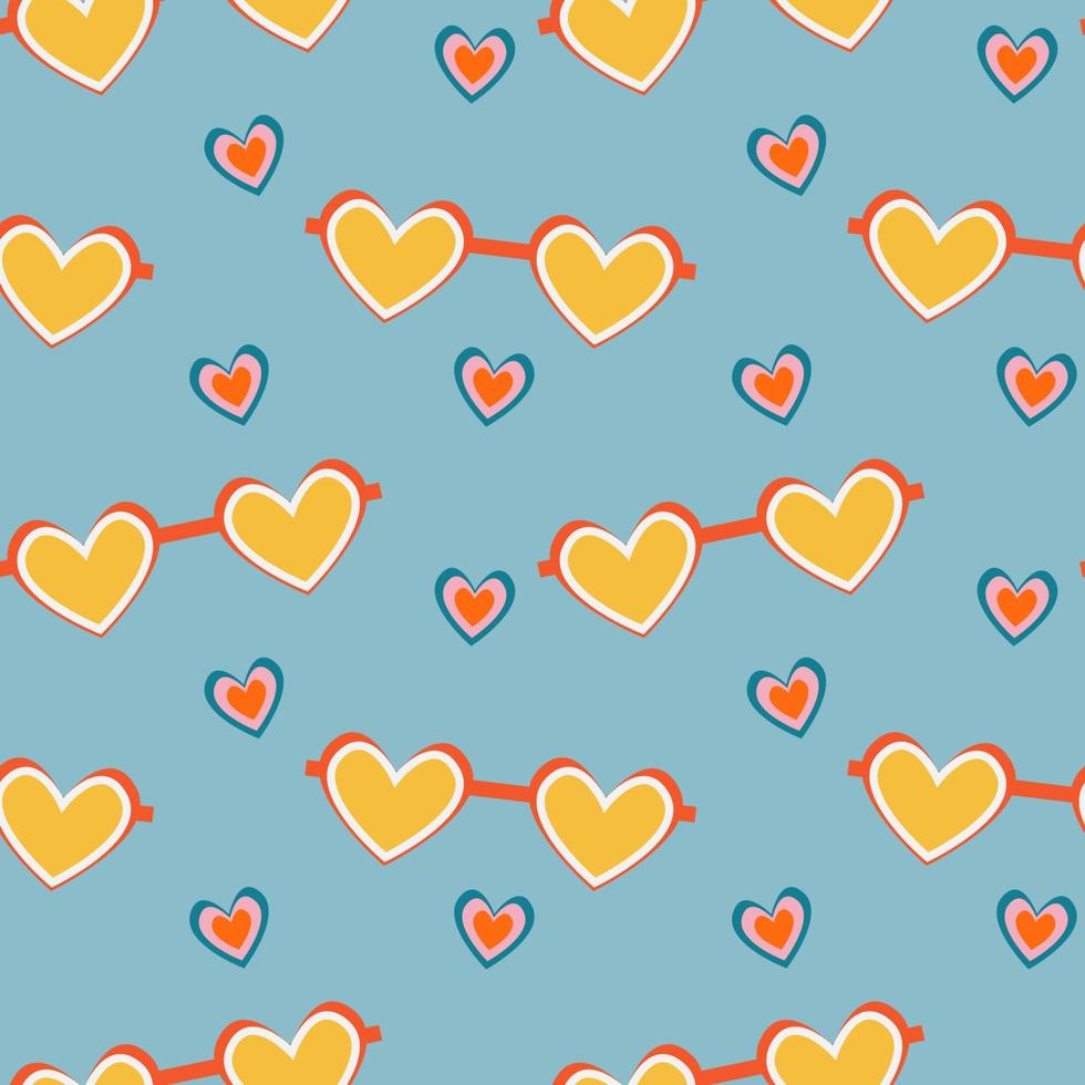 Retro glasses seamless pattern. Glasses in the style of the 70s. Hippie background. Hand drawn colored vector seamless pattern.