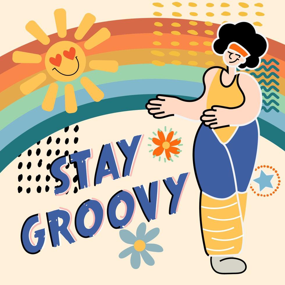Stay groovy lettering with vintage hippie styled. Good vibes sticker design template. Vector retro vintage cartoon character illustration. Funny hippie flower, slogan print for t-shirt, poster.
